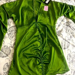 Olive Satin plunge ruched front bodycon dress size 12 (L) from PLT